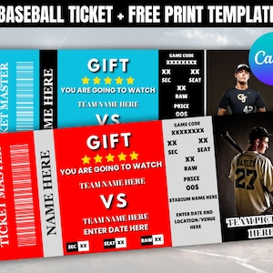 Bearbeitbare Baseball Tickets, Sporttickets, Baseball Überraschungsticket, Baseball Geschenkticket, benutzerdefinierte Tickets, Sporttickets, Canva, Herunterladen