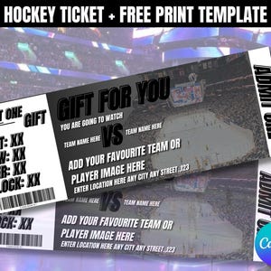 Hockey Ticket verjaardagsuitnodiging afdrukbare sjabloon, bewerkbare verjaardagsuitnodiging, verjaardagsfeestje hockey thema, verjaardagsuitnodiging, canvas