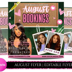 August Booking Flyer, Back To School Flyer, Summer Flyer, Canva Template, Book Now Appointments, Beauty, Lashes, Make up, Nails,
