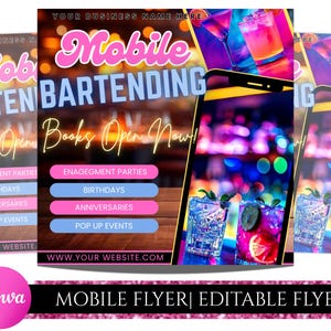 Mobile Bartending Flyer, Event Bartender Flyer, Premade Corporate Drink Service Party Flyer, Mixologist Portable Bartending, Canva Editable