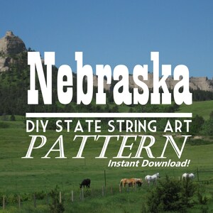 Peut inclure: Un modèle de téléchargement numérique pour un projet de création d'art de fil DIY représentant l'état du Nebraska. Le modèle est présenté sur un fond de champ herbeux vert avec une colline rocheuse en arrière-plan. Le texte "Nebraska DIY State String Art PATTERN Instant Download!" est affiché sur l'image.