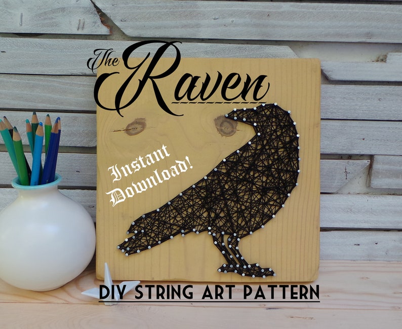 Raven String Art Pattern 8 x 8 Raven Silhouette image 1