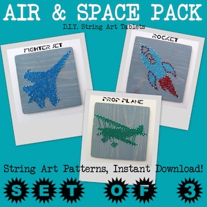 May include: A set of three string art patterns for a fighter jet, a prop plane, and a rocket. The patterns are printed on wood and are ready to be strung with yarn. The patterns are part of an "Air & Space Pack" and are labelled as a "Set of 3".