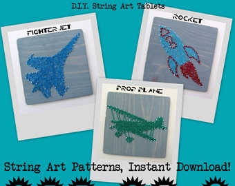 DIY String Art Pattern - Set of 3 - Rocketship, Fighter Jet & Propeller Plane