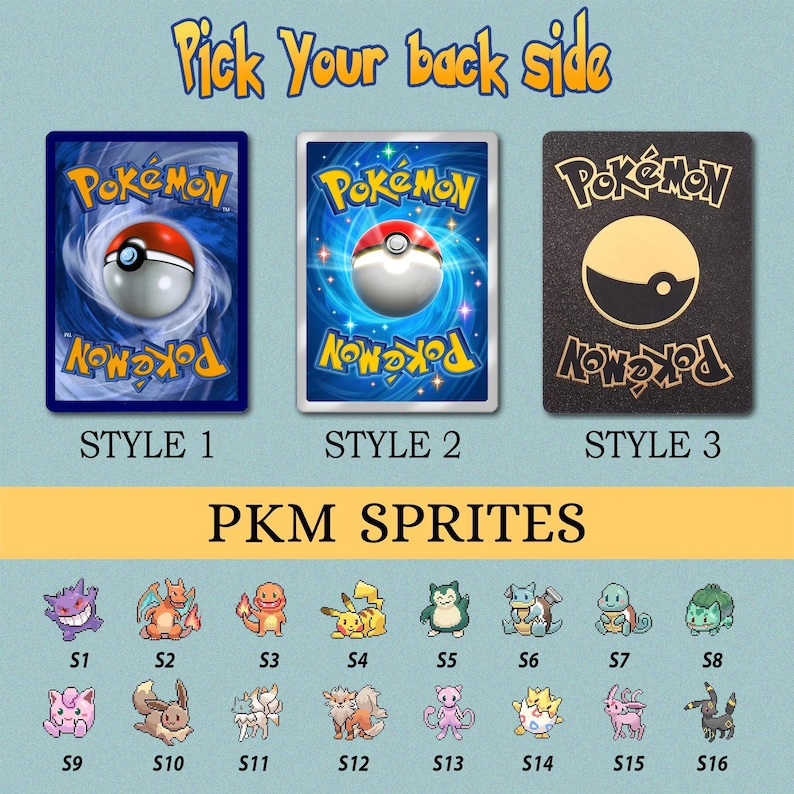 K&ouml;nnte beinhalten: Das Bild zeigt drei Pok&eacute;mon-Kartenr&uuml;ckseiten: Stil 1 mit blauem Hintergrund, Stil 2 mit wei&szlig;em Rand und Stil 3 in Schwarz und Gold. Darunter sind sechzehn Pok&eacute;mon-Sprites abgebildet, die jeweils mit einer Stilnummer versehen sind.