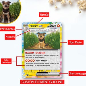 K&ouml;nnte beinhalten: Eine personalisierte Sammelkarte im Pok&eacute;mon-Stil mit einer Hundeillustration mit der Bezeichnung "Possum EX". Die Karte enth&auml;lt das Foto des Hundes, seine Werte und F&auml;higkeiten: "Evade Spin" und "Foot Attack". Der Text der Karte lautet "Legend&auml;res Hunde-Pok&eacute;mon. L&auml;nge: 135 cm, Gewicht: 34 kg."