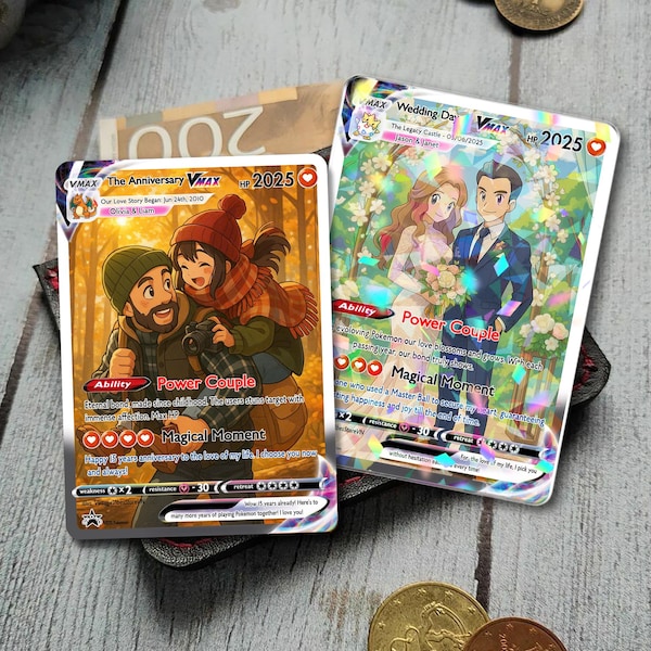 Tarjeta de aniversario personalizada de Poke, tarjeta de boda de anime con foto personalizada, regalo de aniversario, regalo para él, regalo para ella, tarjeta personalizada para pareja