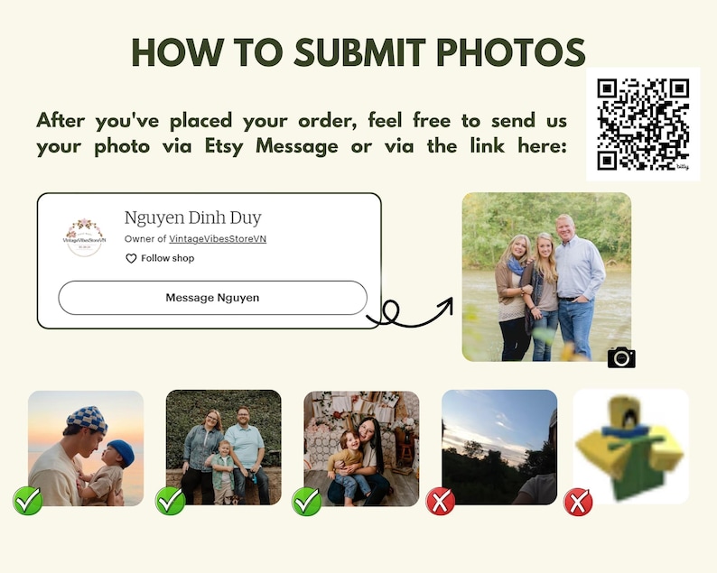 K&ouml;nnte beinhalten: Grafik mit der Aufschrift "HOW TO SUBMIT PHOTOS" und Anweisungen zum Senden von Fotos per Etsy-Nachricht oder Link. Enth&auml;lt einen QR-Code und Beispiele f&uuml;r akzeptierte und abgelehnte Fotos. Der Shop-Inhaber hei&szlig;t Nguyen Dinh Duy.
