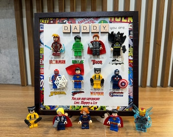 Superheld vader cadeaulijst voor Vaderdag 2025 – unieke stenen minifiguurdisplay van kinderen, aangepast komisch cadeau voor papa of hem