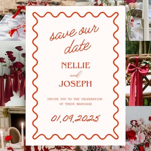 Retro Red 5x7&quot; Wedding Invite Template | Editable Save the Date Canva | Printable DIY Wedding Announcement | Instant Download | DIY Template