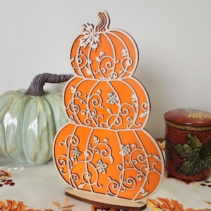 Hand painted three-tiered Wood Pumpkin Décor, Fall Stacked Pumpkins, Layer Design, Autumn centerpiece Décor Gift