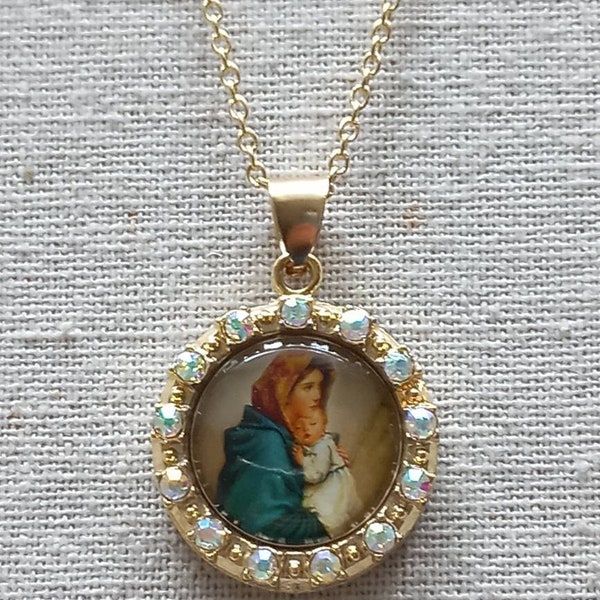 Virgen de Schoenstatt Madonna and Child Virgen Maria Necklace Collar Renaissance Style Blessed Mother Mother's Day Gift Micro Pavé Pendant