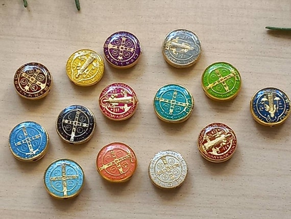 Saint Benedict Medal Connector Beads: Gold Plated Resin Catholic Charms (14mm)
