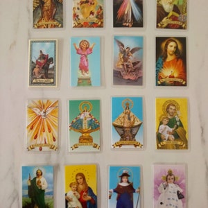 Tarjetas de oración laminadas en español/Sellos religiosos/Santos católicos/Oración en español/Virgen de Guadalupe/San Benito/Virgen del Carmen/Detente
