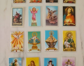 Lamenated Spanish Prayer Cards/Religious Stamps/Catholic Saints/Spanish Prayer/Virgen de Guadalupe/St. Benedict/Virgen del Carmen/Detente