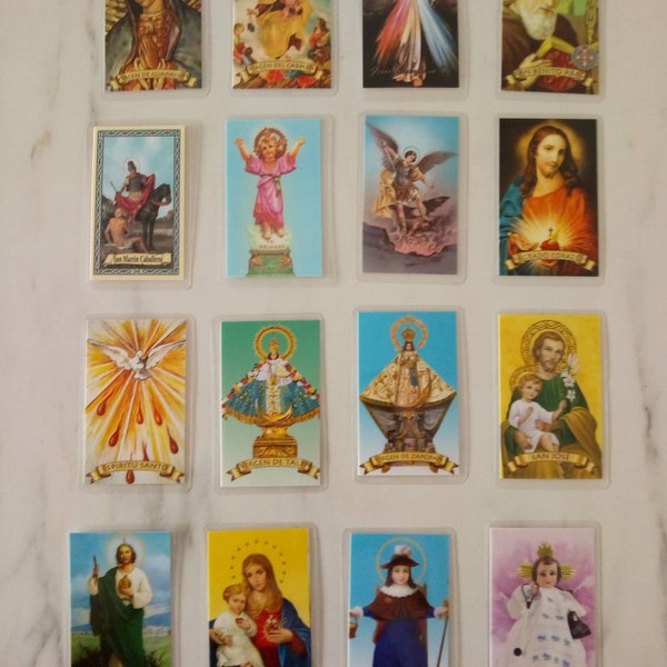 Lamenated Spanish Prayer Cards/Religious Stamps/Catholic Saints/Spanish Prayer/Virgen de Guadalupe/St. Benedict/Virgen del Carmen/Detente