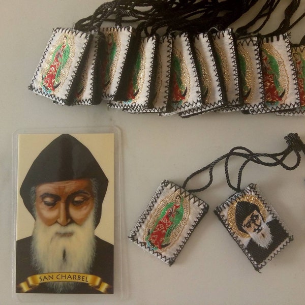 Set of 12 San Charbel and Virgen de Guadalupe Scapulars Saint Charbel Makhlouf Maronite Monk Our Lady of Guadalupe Escapularios Mexican