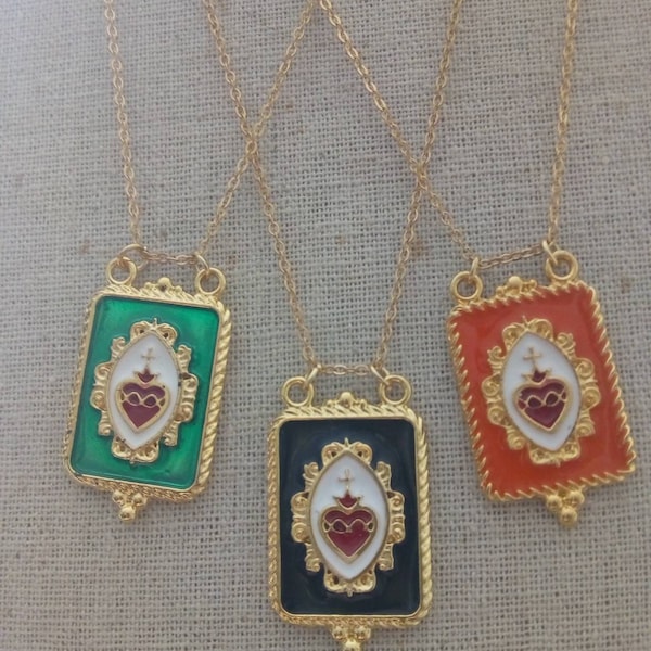Sacred Heart Scapular Necklace/Ex Votos/Sagrado Corazon/Heart Charm Necklace/Catholic Gift/Pendant/Scapular/Escapulario/Detente/Corazon