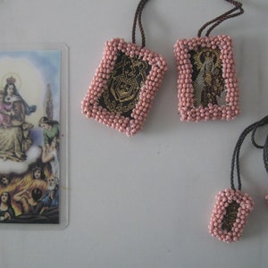 Beaded Scapular/Pink beaded scapular/Virgen del Carmen/Made in Mexico/Brown Scapular/Lady of Mount Carmel/Escapulario Bordado/Catholic Gift
