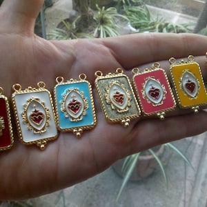 Enameled Sacred Heart Scapular Pendant: Gold Plated Ex Voto Charm