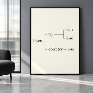 May include: A framed wall art print featuring a black text flowchart on a cream background. The text reads: if you try win lose, don't try lose. The design uses simple lines to connect the words in a decision tree format, presented in a black frame.