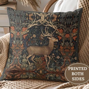 Funda de almohada de ciervo con diseño de Forestcore, cojín decorativo de estilo rústico, funda de cojín William Morris.