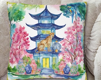 Chinoiserie Gepard Pagode Dekokissenbezug, Blau Weiß Asiatisches Dekor