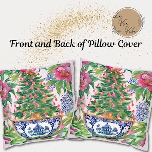 Funda de almohada navideña estilo chinoiserie, funda de almohada navideña, almohada con detalles florales en acuarela, regalo para el hogar, funda de almohada estilo chinoiserie imagen 5