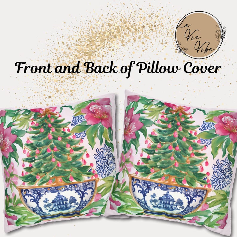Funda de almohada navideña estilo chinoiserie, funda de almohada navideña, almohada con detalles florales en acuarela, regalo para el hogar, funda de almohada estilo chinoiserie imagen 5