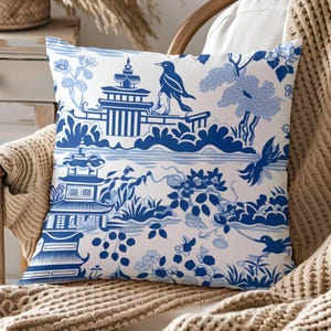 Blue Chinoiserie Pillow Cover: Traditional Home Decor Accent Cushion