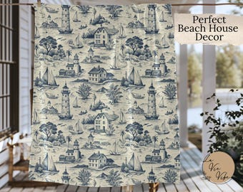 Coastal Toile Throw Blanket – Vintage Nautical Beach House Decor