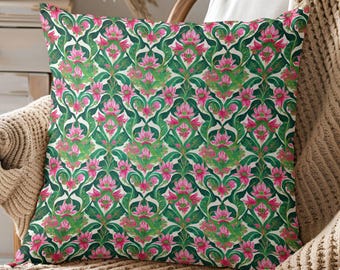 Pink Green Floral Throw Pillow Cover, Chinoiserie Pillow, Grandmillenial Decor