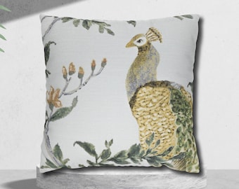 Neutral Peacock Pillow Cover, Elegant Throw Pillow, Elegant Bird Pillow, Vintage Cushion Cover, Antique Accent Pillow