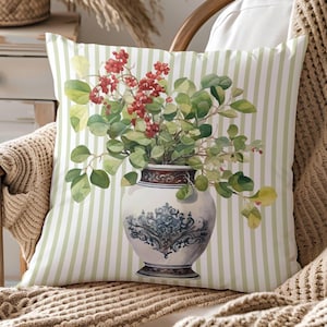 Blue Chinoiserie Ginger Jar Pillow Cover, Floral Cottagecore, Striped Throw Couch Cushion