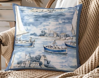 Coastal Lake Decor Throw Pillow Cover, Vintage Style Toile Nautical Sailing Accent Pillow