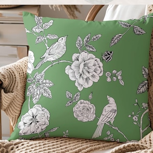 Green Chinoiserie Pillow Cover, Cottagecore Throw Cushion, Bird Lover Gift, Cottage Decor Accent