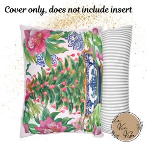 Funda de almohada navideña estilo chinoiserie, funda de almohada navideña, almohada con detalles florales en acuarela, regalo para el hogar, funda de almohada estilo chinoiserie imagen 4