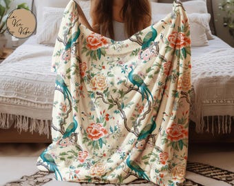 Chinoiserie Floral Throw Blanket, Botanical Peacock Cottage Decor, Vintage Style Sofa Accent