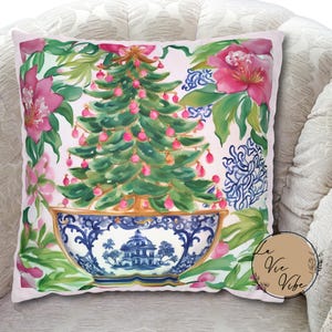 Funda de almohada navideña estilo chinoiserie, funda de almohada navideña, almohada con detalles florales en acuarela, regalo para el hogar, funda de almohada estilo chinoiserie imagen 1