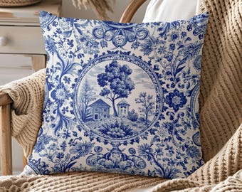 Fodera per cuscino decorativo, Toile de Jouy francese, decorazioni blu e bianche, stile cottage/farmhouse, country francese, cuscino vittoriano, decorazioni cottagecore, cuscino vintage