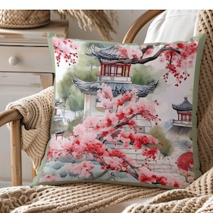 Chinoiserie Pagoda Pillow Cover Pink Floral Throw Pillow Traditional Couch Cushion Elegant Accent Pillow Cover Cottagecore Home Décor