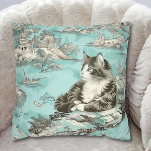 Chinoiserie Katzenkissenbezug, Katzenmama Geschenk, Dekoratives Dekokissen, Katzenliebhaber Akzentkissen, Eleganter Couchkissenbezug, Niedliches Katzendekor