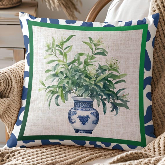 Chinoiserie Ginger Jar Throw Pillow Cover, Blue White Decor Topiary Print