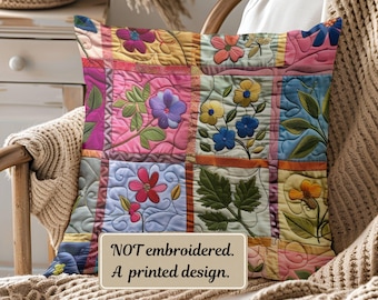 Faux Embroidered Floral Pillow Cover, Farmhouse Cottage Style Cushion, Vintage Rustic Home Decor