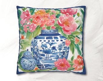 Ginger Jar Pillow Cover, Chinoiserie Blue White Couch Cushion, Floral Accent Pillow, Pink Blue Preppy Pillow