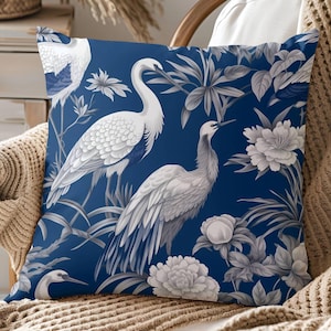 Heron Chinoiserie Throw Pillow Cover Blue and White Bird Cushion Coastal Decorative Pillow Nature Inspired Accent Pillowcase Home Décor