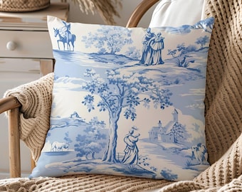 Blue Toile de Jouy Pillow Cover, Vintage French Cottagecore Cushion