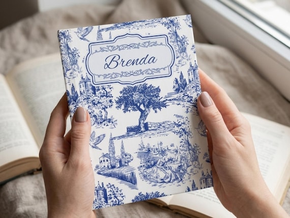 Personalized French Toile Hardcover Journal, Custom Name Blue White Notebook, Vintage Country Chic Diary, Grandmillennial Gift for Her