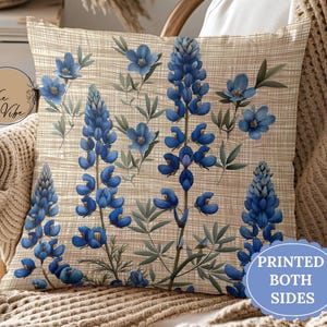Floral Blue Bonnet Pillow Cover Floral Couch Pillow With Blue Flowers Throw Pillow Cover Cottage Décor Texas Gift Blue Flower Accent Pillow