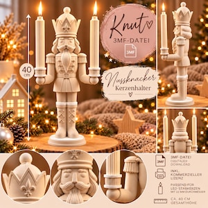 Pode incluir: Um castiçal de quebra-nozes bege com 40 cm de altura, apresentando uma coroa com flor-de-lis, bigode e dois braços estendidos para segurar velas. O design inclui o texto Knut 3MF-DATEI e Nussknacker Kerzenhalter.